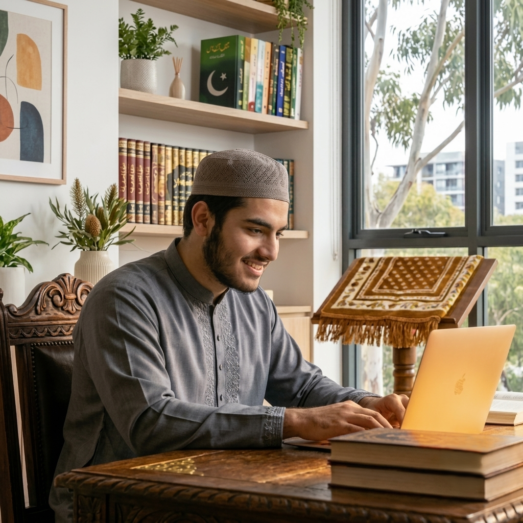 A Southeast Asian Muslim teacher guiding Quran study inside a mosque