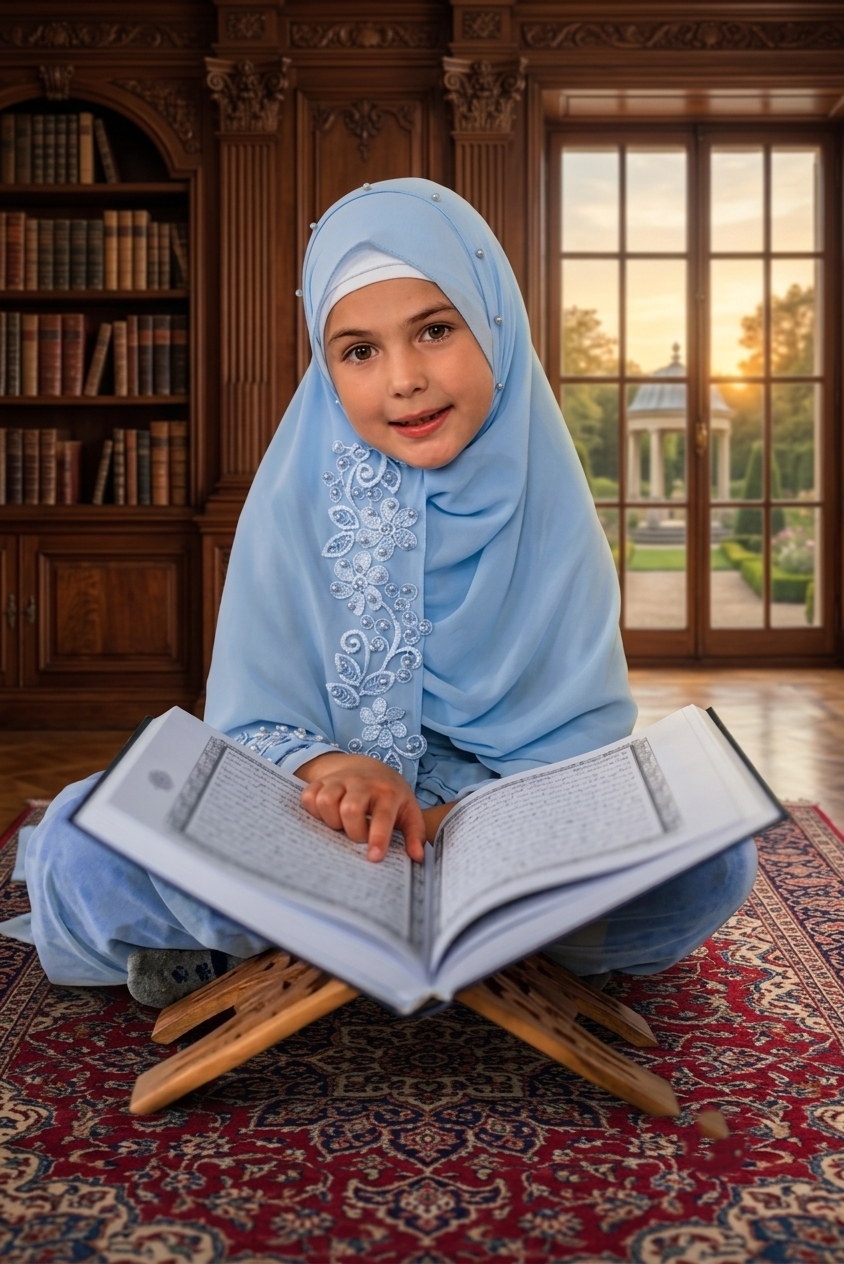 An open Quran displayed on a wooden stand inside a warmly lit mosque